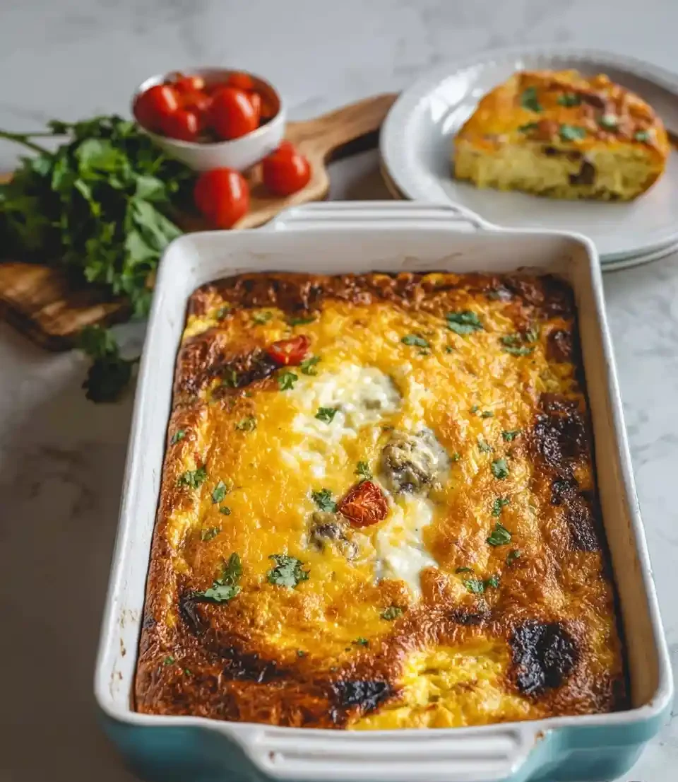 Freshly baked {{ $('Fetch Recipe Data').first().json["Main Keyword"] }} in a blue dish with herbs.