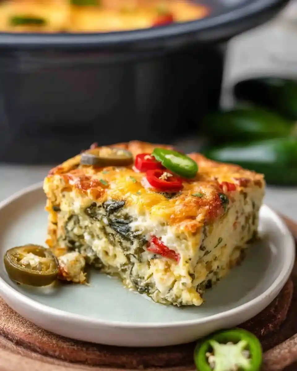 A thick slice of cheesy jalapeno egg casserole loaded with spinach on a plate.