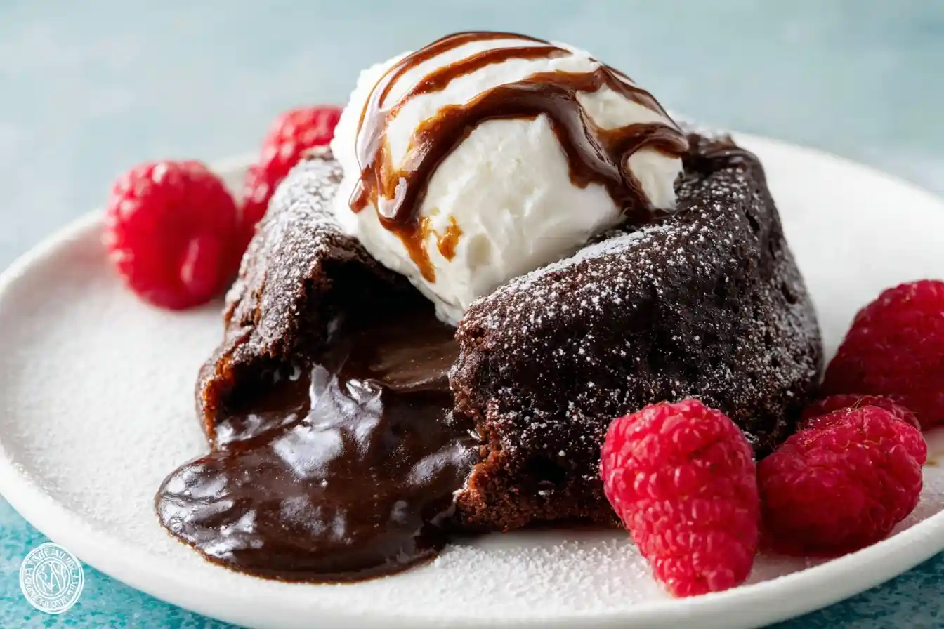 Warm chocolate lava cake with a gooey molten center, topped with ice cream and surrounded by fresh raspberries.