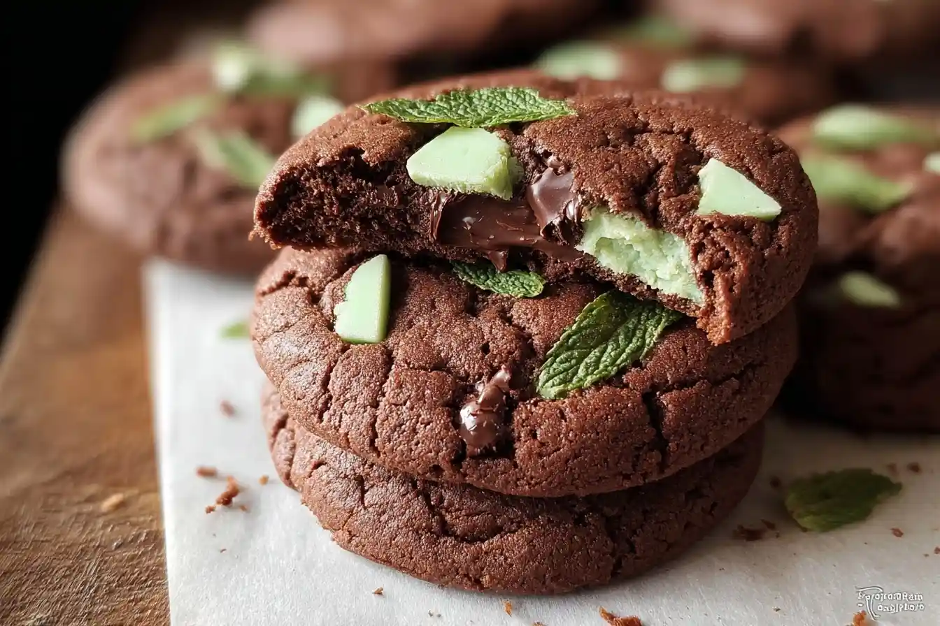 Stack of soft mint chocolate cookies topped with fresh mint, with the top cookie broken to show a gooey center.