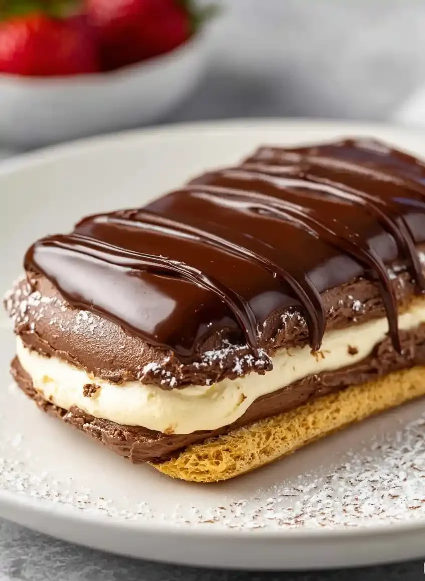 A close-up slice of layered chocolate eclair cake with vanilla cream and glossy chocolate ganache on a plate.