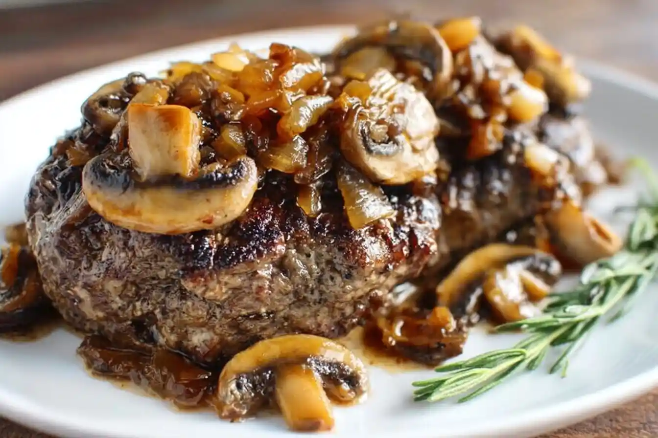 Close-up of a juicy Salisbury Steak topped with savory mushroom and onion gravy on a white plate