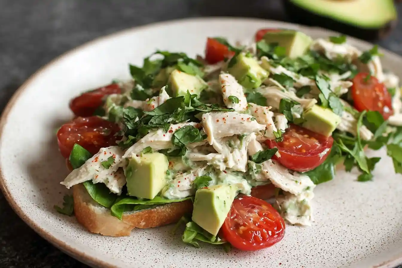 A close-up of fresh chicken salad served on toasted bread with diced avocado, cherry tomatoes, and cilantro.