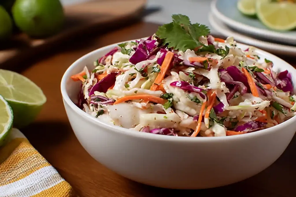 Fresh {{ $('Fetch Recipe Data').first().json["Main Keyword"] }} in a white bowl with red cabbage, carrots, and limes.