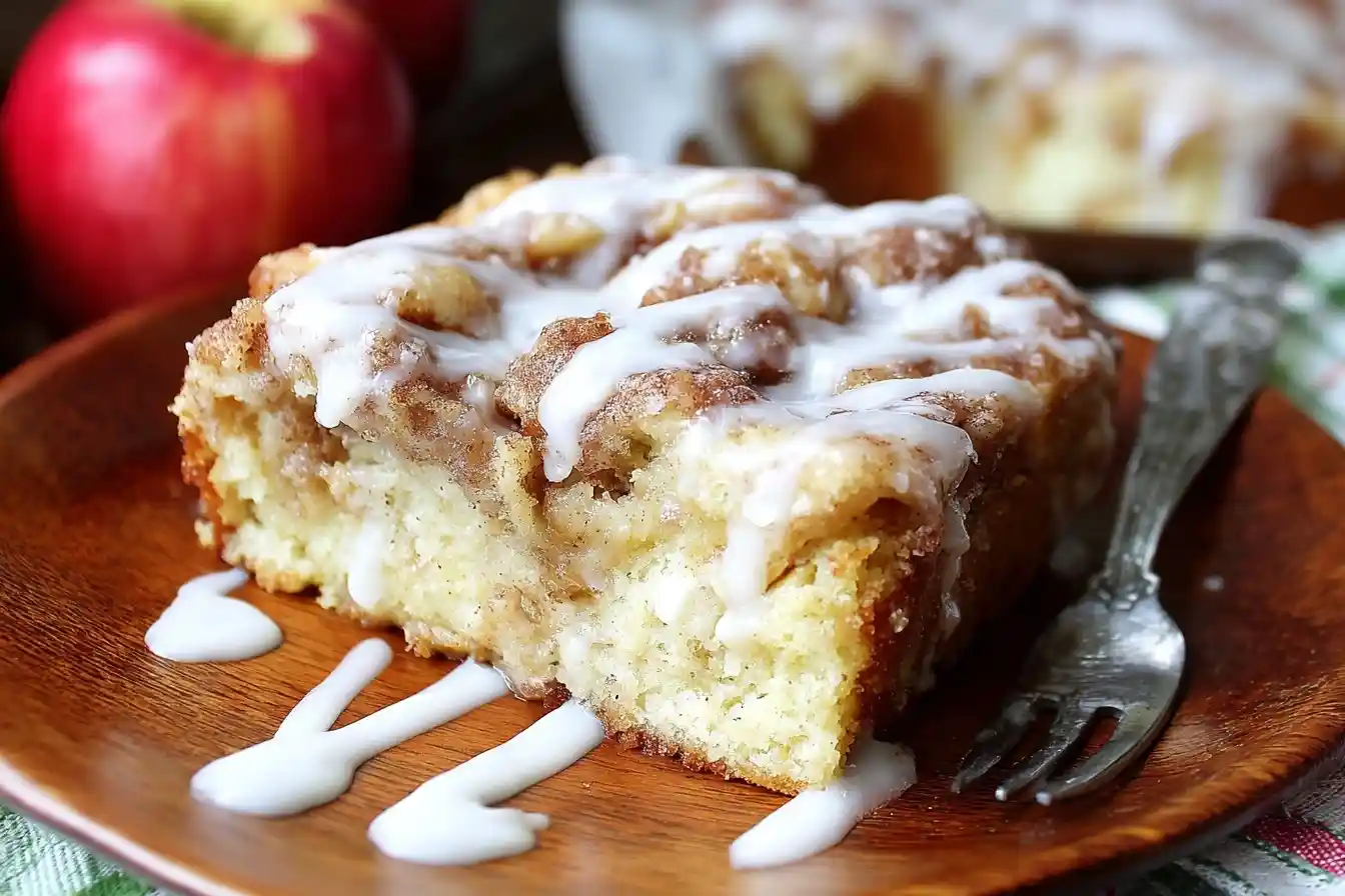 A slice of moist Apple Fritter Cake topped with sweet glaze and crumb topping on a wooden plate with a fork.