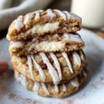 A stack of delicious {{ $('Fetch Recipe Data').first().json["Main Keyword"] }} drizzled with icing, with the top cookie broken to reveal a creamy filling.