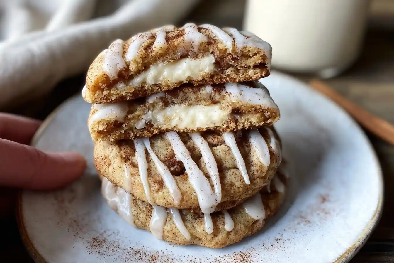 A stack of delicious {{ $('Fetch Recipe Data').first().json["Main Keyword"] }} drizzled with icing, with the top cookie broken to reveal a creamy filling.