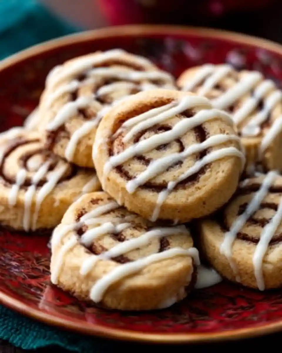 A close-up of a decorative red plate filled with freshly baked cinnamon roll cookies drizzled with white icing.