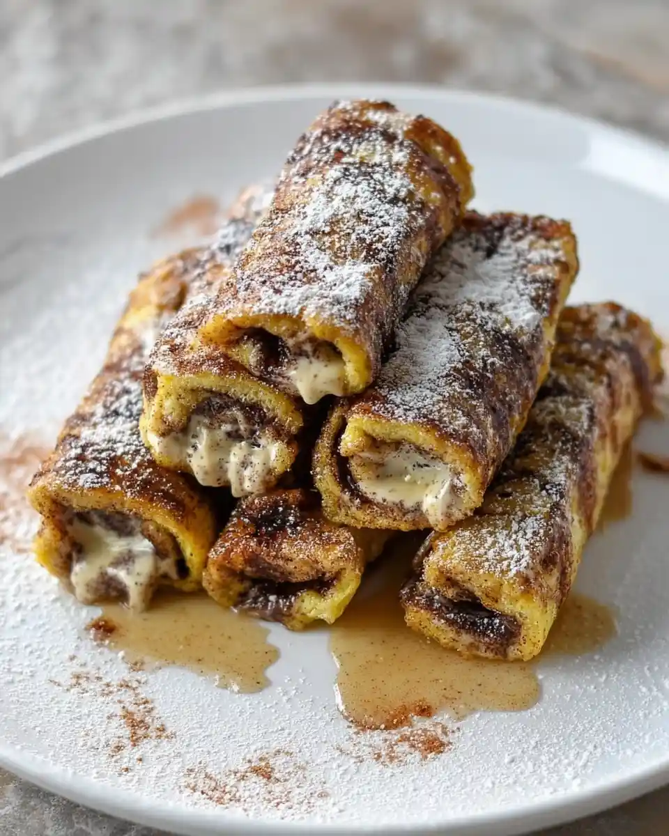 A stack of sweet French toast roll-ups filled with cream, dusted with powdered sugar, and drizzled with maple syrup.