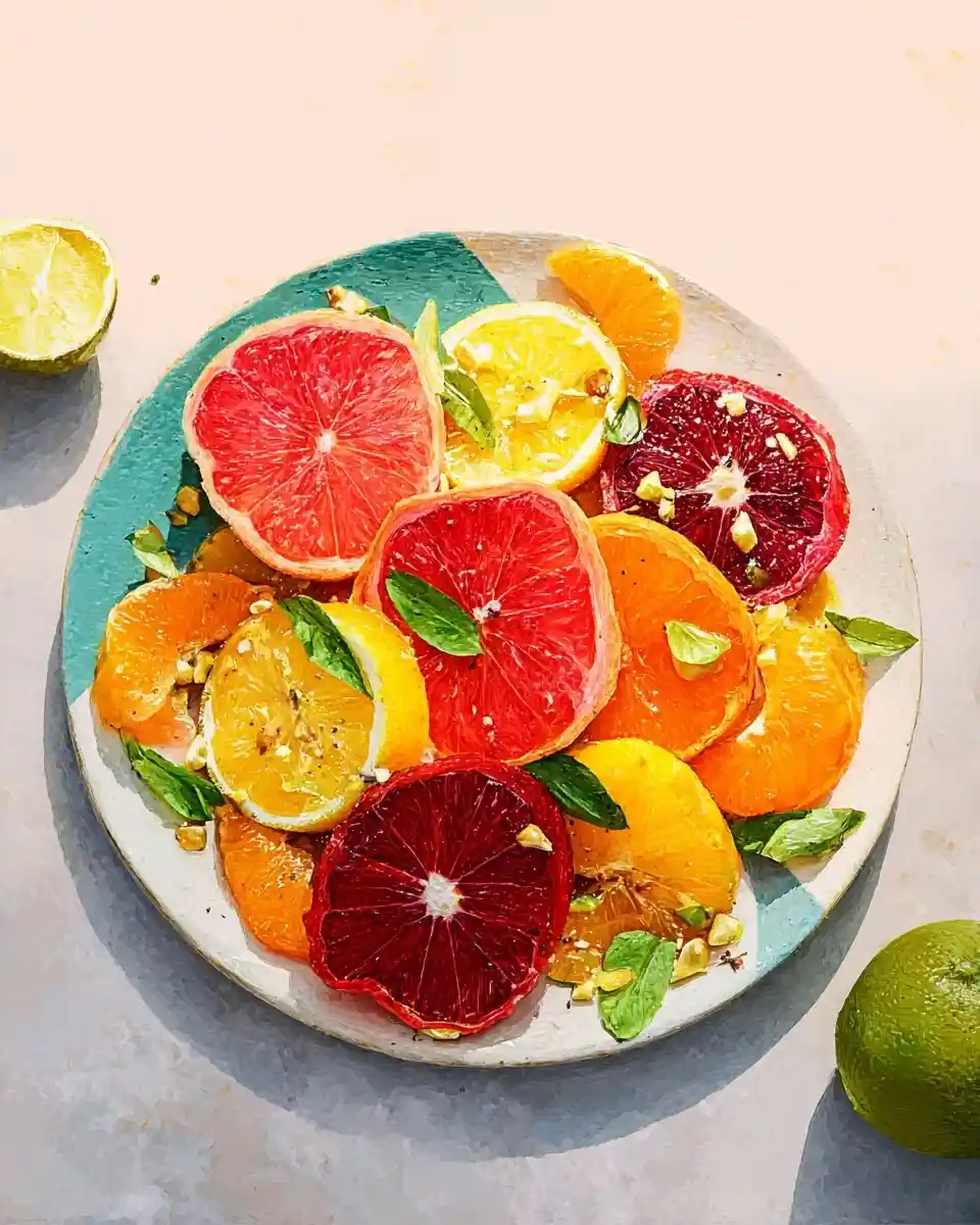A vibrant citrus salad on a plate featuring sliced blood oranges, grapefruits, and lemons topped with mint and pistachios.