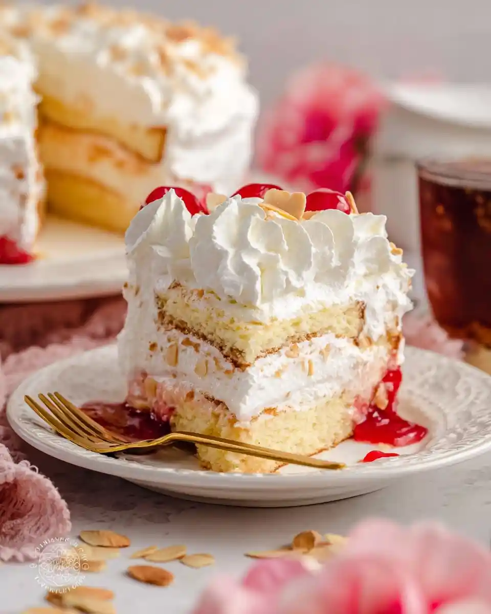 A slice of {{ $('Fetch Recipe Data').first().json["Main Keyword"] }} topped with whipped cream and cherries.