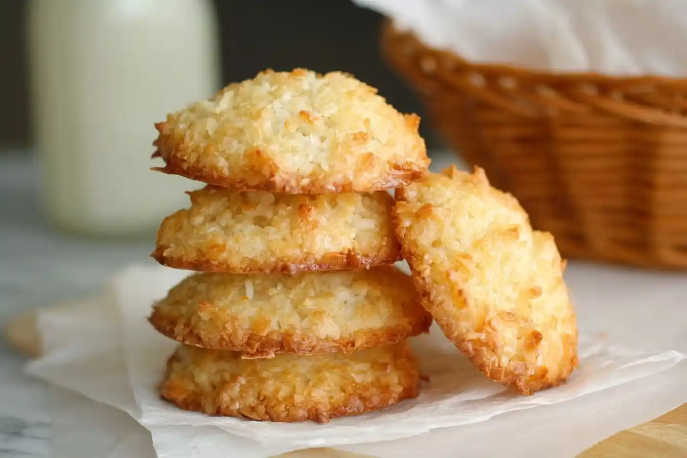 A stack of golden brown coconut macaroons resting on white parchment paper.