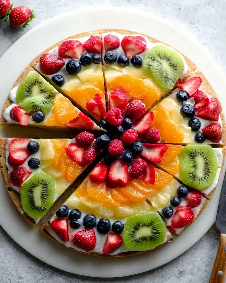 A beautifully sliced fruit pizza on a white platter, topped with cream cheese frosting, fresh berries, kiwi, and oranges.