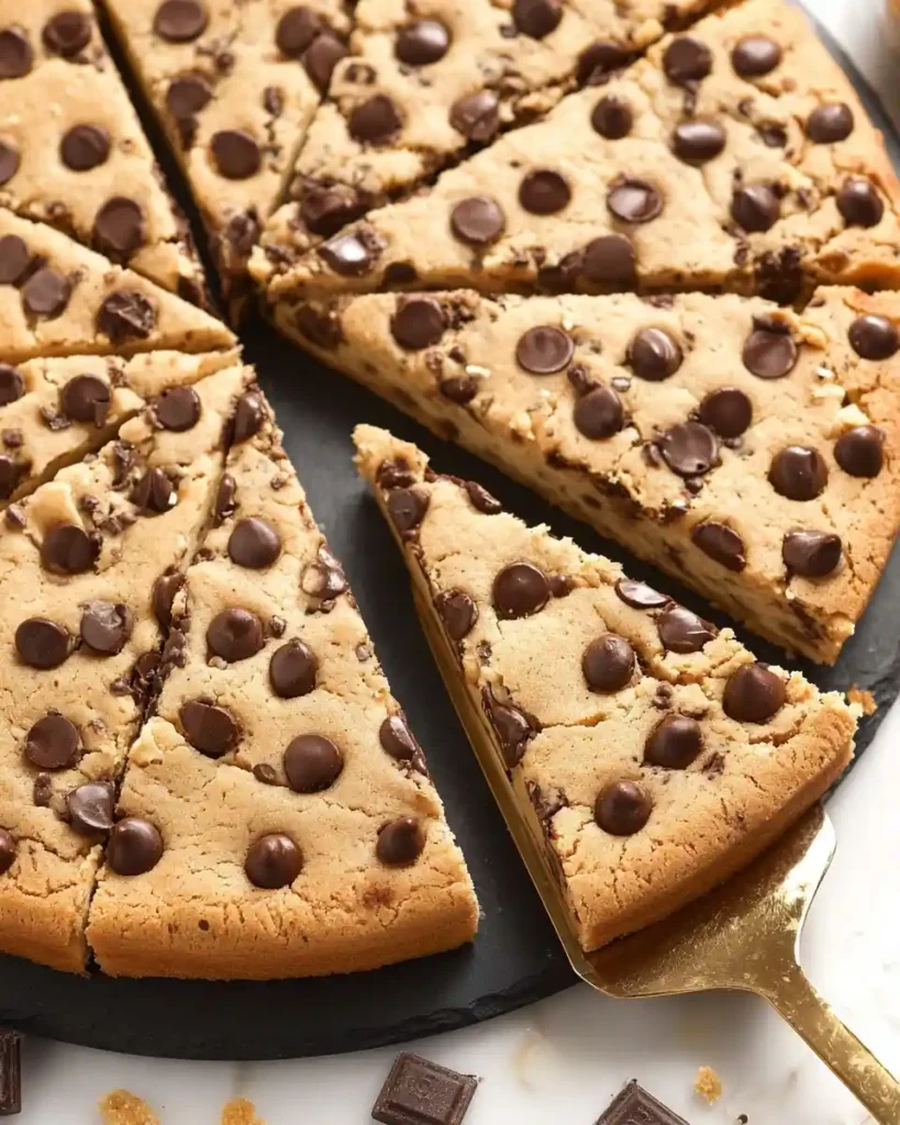 A slice of {{ $('Fetch Recipe Data').first().json["Main Keyword"] }} loaded with large chocolate chips being lifted by a gold spatula.
