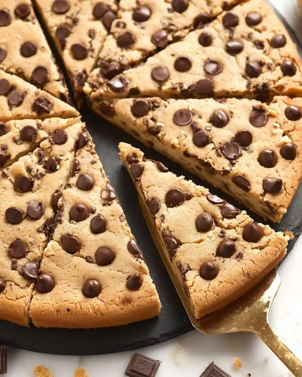 A slice of {{ $('Fetch Recipe Data').first().json["Main Keyword"] }} loaded with large chocolate chips being lifted by a gold spatula.