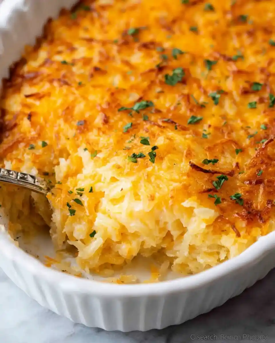 A serving spoon scooping cheesy hashbrown casserole from a white oval baking dish, garnished with parsley.