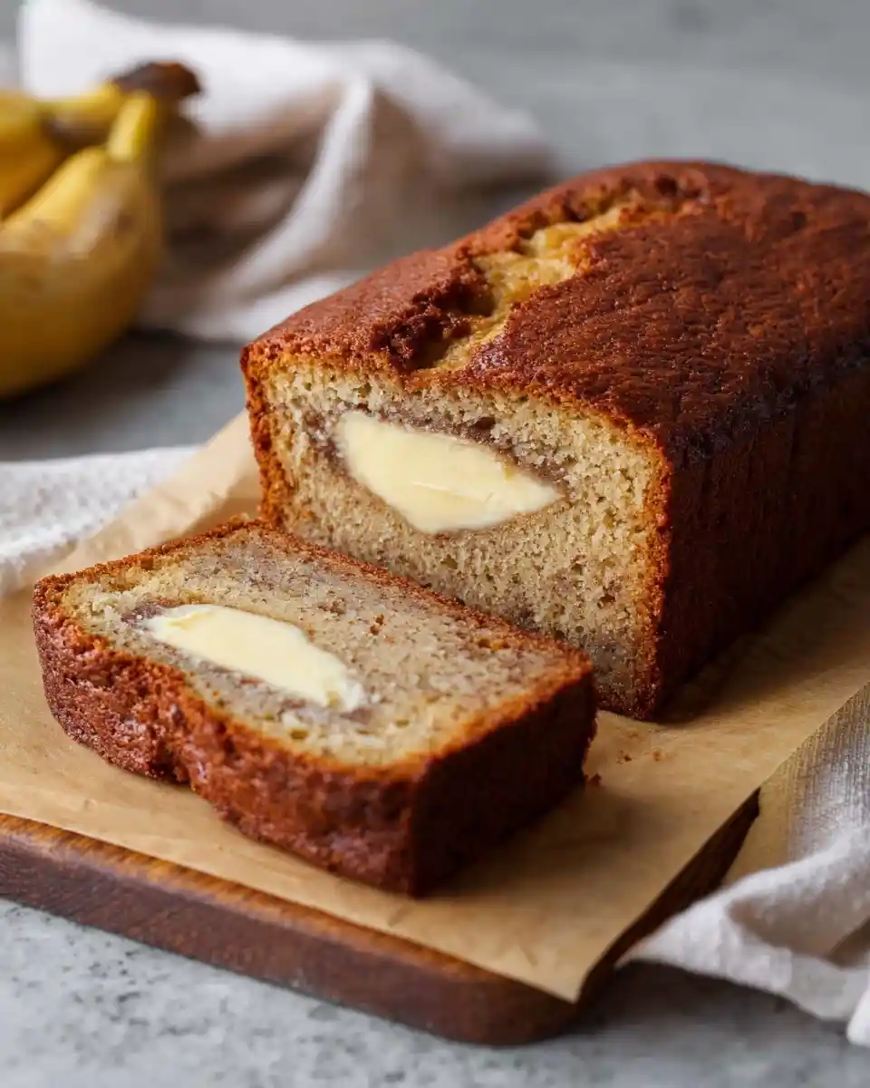 A freshly baked loaf and slice of cream cheese banana bread on a wooden cutting board.