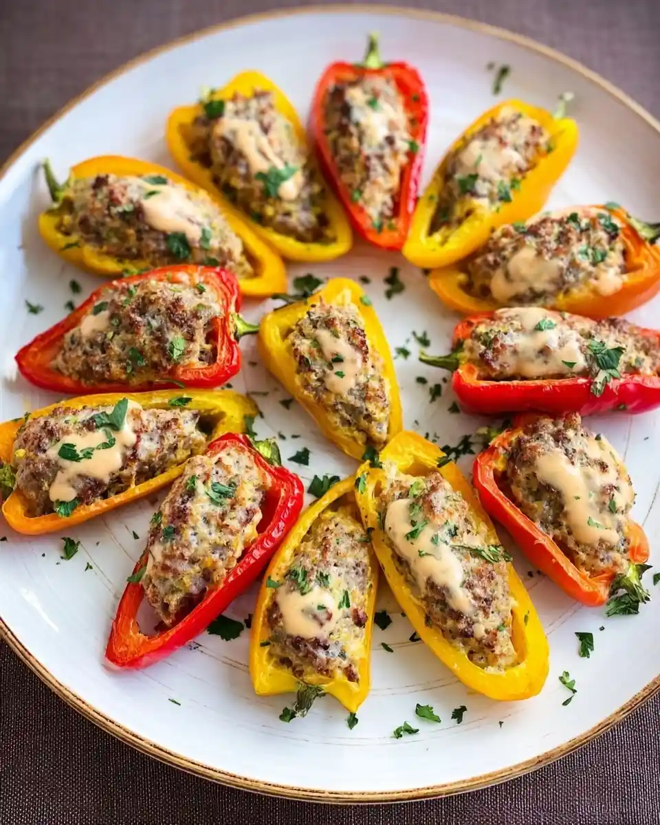 A plate of colorful stuffed mini peppers filled with meat, drizzled with creamy sauce, and garnished with fresh herbs.