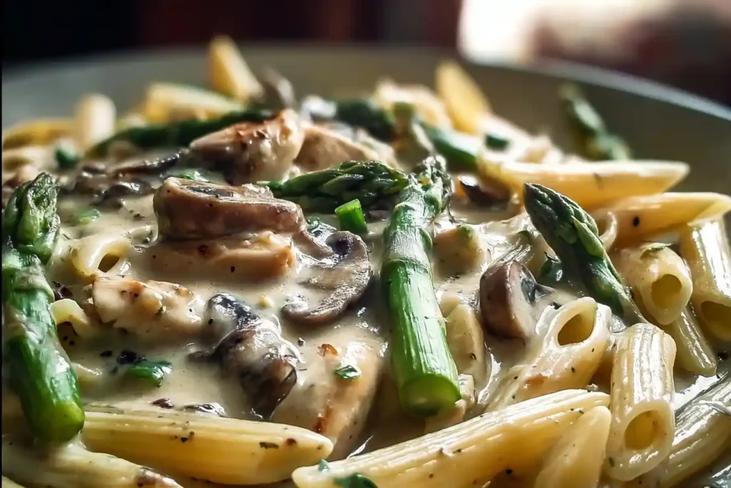 Close-up of creamy chicken and asparagus pasta with penne, sliced mushrooms, and a rich white sauce.