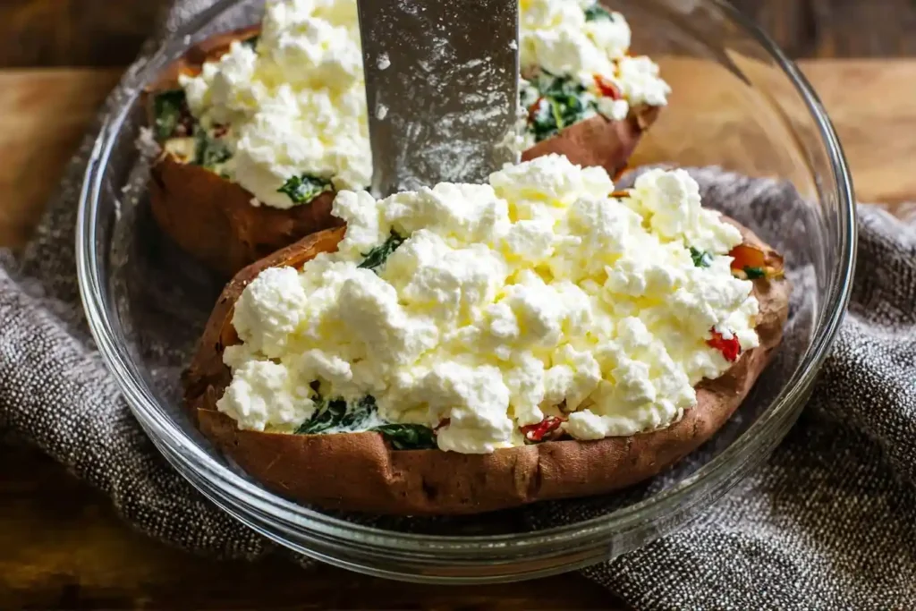 Baked {{ $('Fetch Recipe Data').first().json["Main Keyword"] }} filled with spinach and cottage cheese in a glass bowl.
