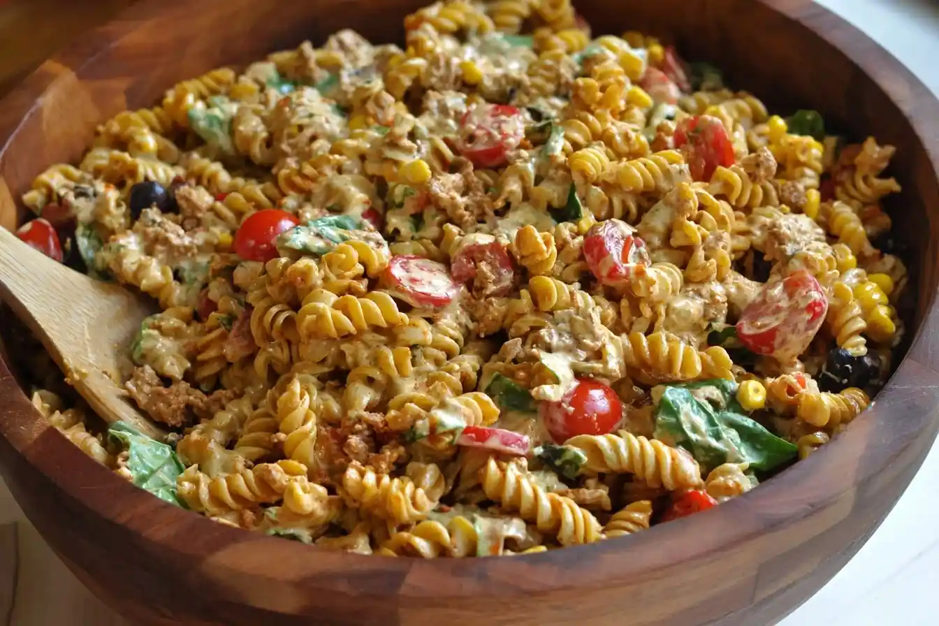 Large wooden bowl filled with creamy Taco Pasta Salad featuring rotini, ground beef, corn, and tomatoes