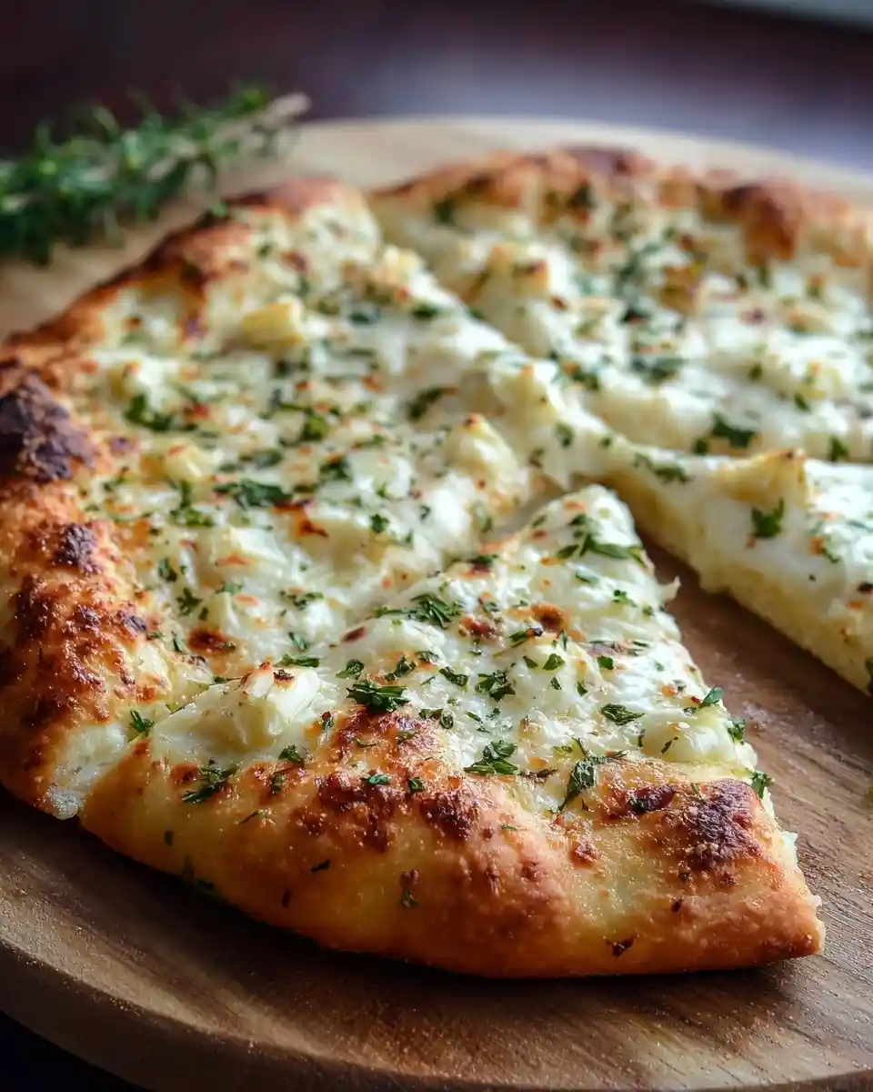 Close-up of a freshly baked white pizza cut into slices on a wooden board, topped with melted cheese and herbs.