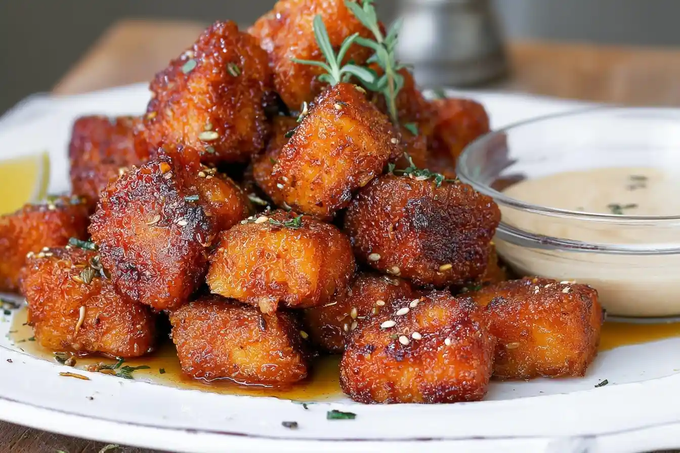 Close-up of golden Crispy Salmon Bites piled on a white plate with fresh rosemary and dipping sauce.