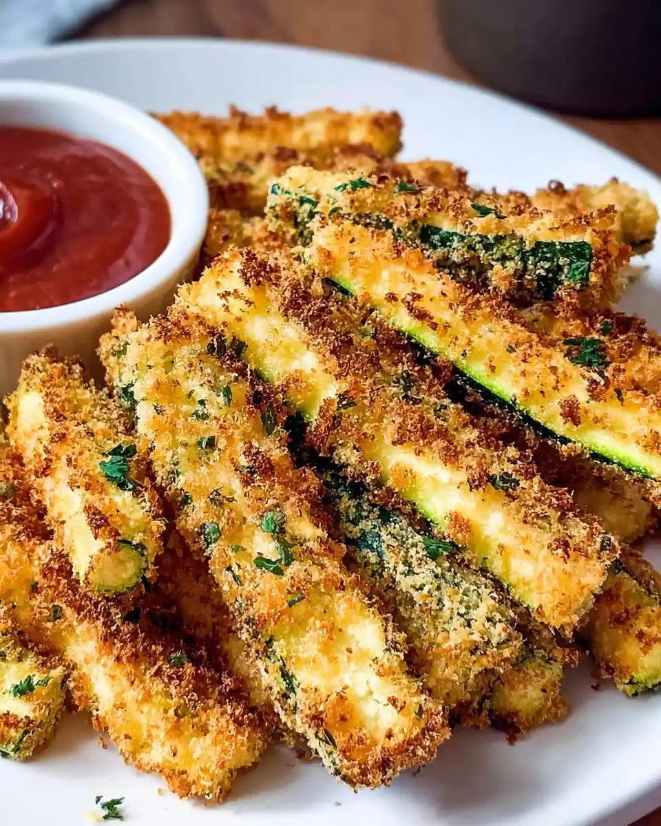 A pile of golden, crispy zucchini fries sprinkled with herbs on a white plate next to a bowl of ketchup.