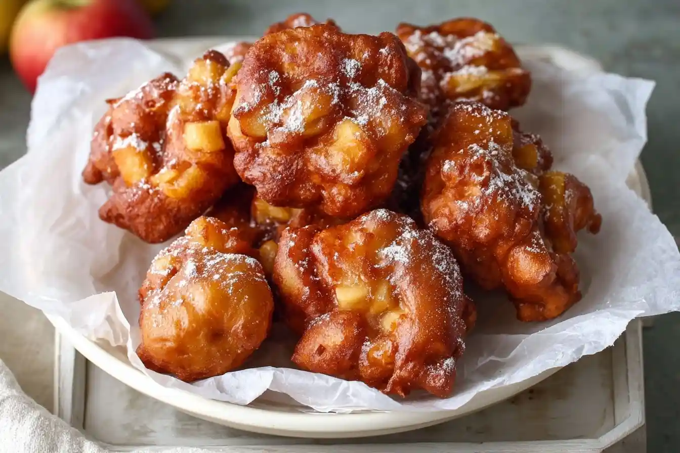 A plate of golden-brown, freshly fried apple fritters dusted with sweet powdered sugar.