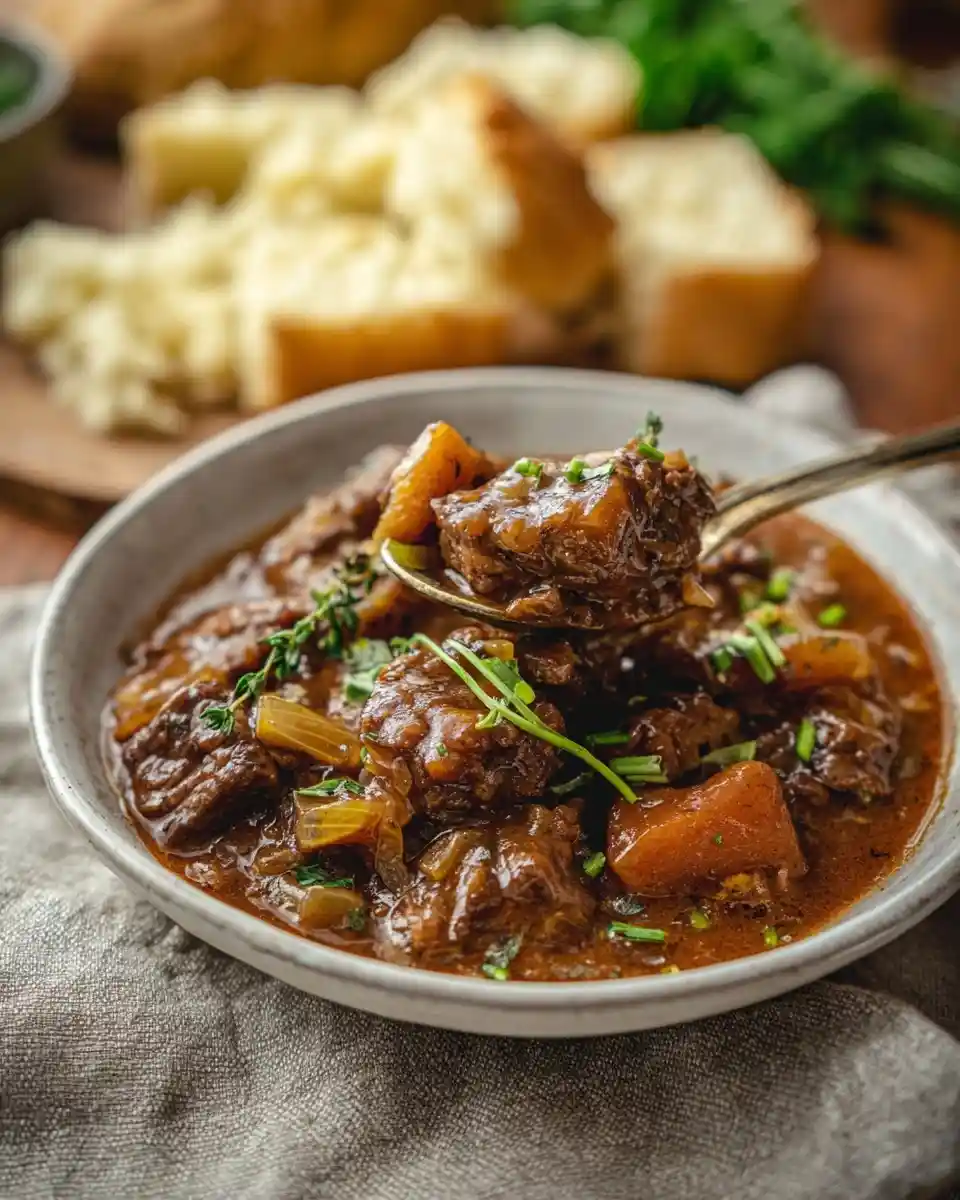 A spoonful of {{ $('Fetch Recipe Data').first().json["Main Keyword"] }} with tender beef, carrots, and herbs.