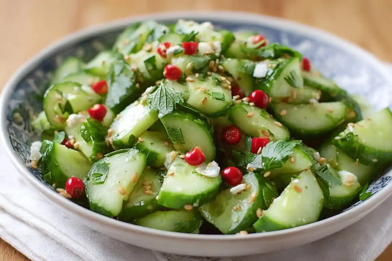Close-up of a fresh Cucumber Salad tossed with sesame seeds, herbs, and red berries in a patterned bowl.
