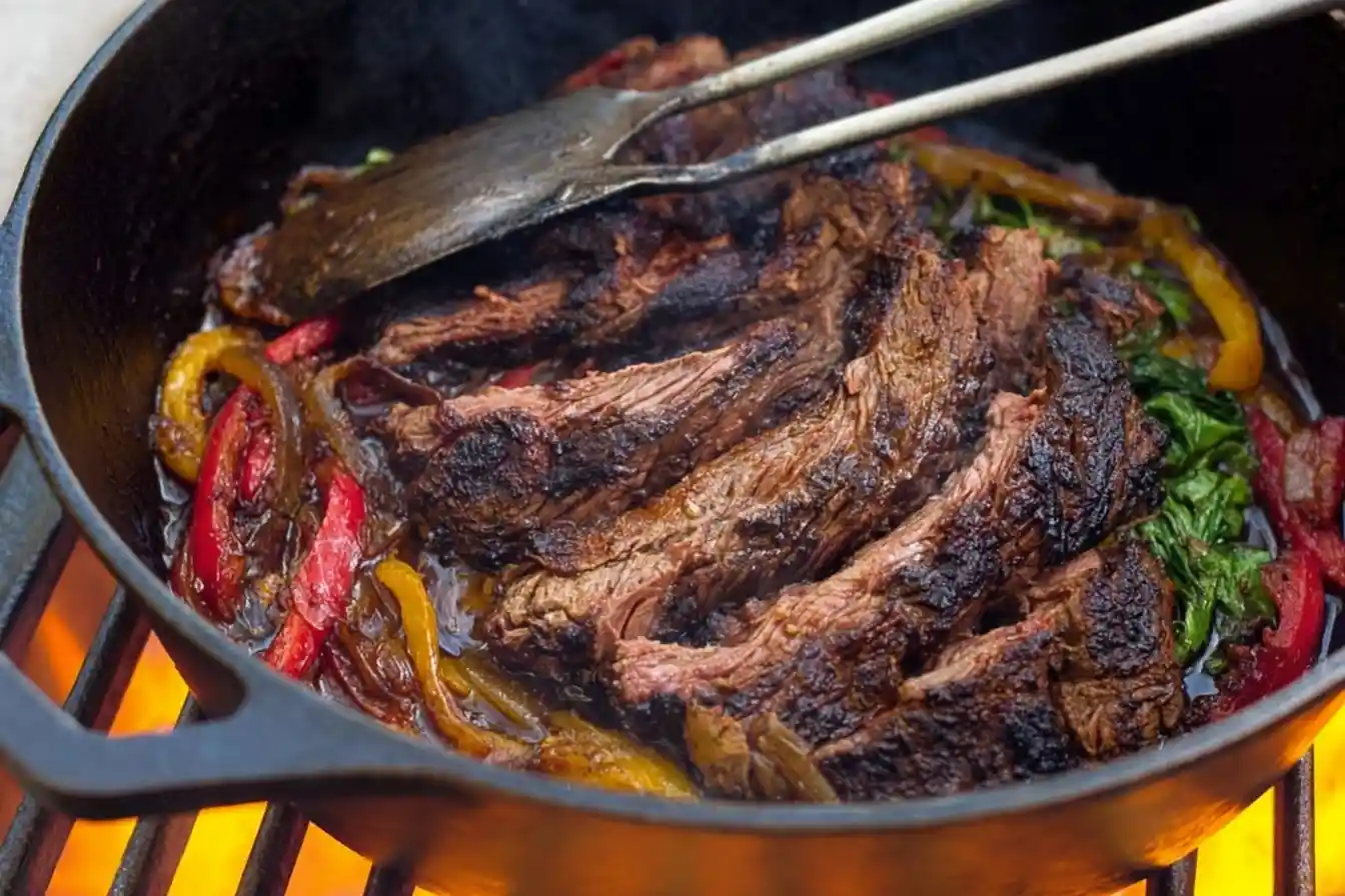 Cooking {{ $('Fetch Recipe Data').first().json["Main Keyword"] }} in a cast iron pot over an open fire.