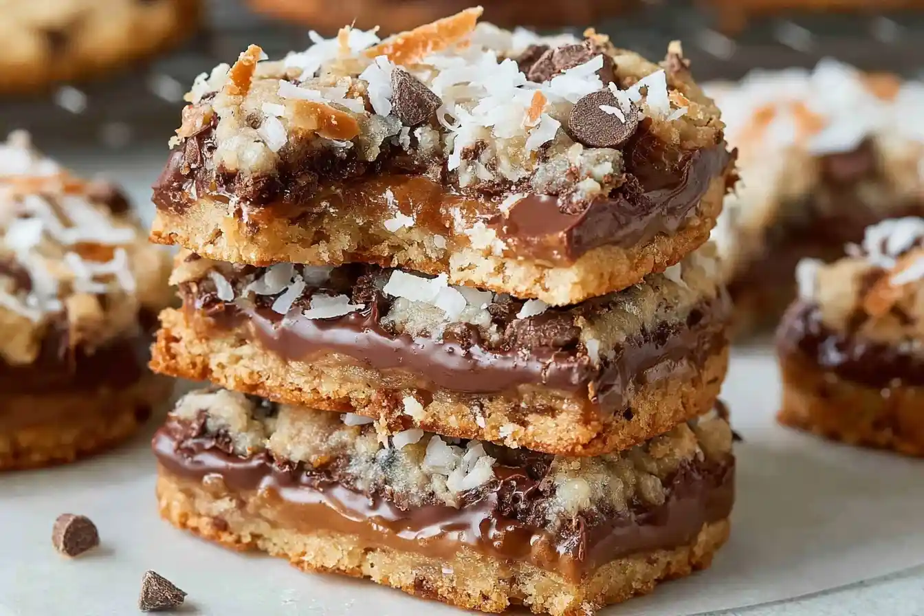 A close-up stack of three gooey magic cookie bars topped with chocolate chips and shredded coconut.
