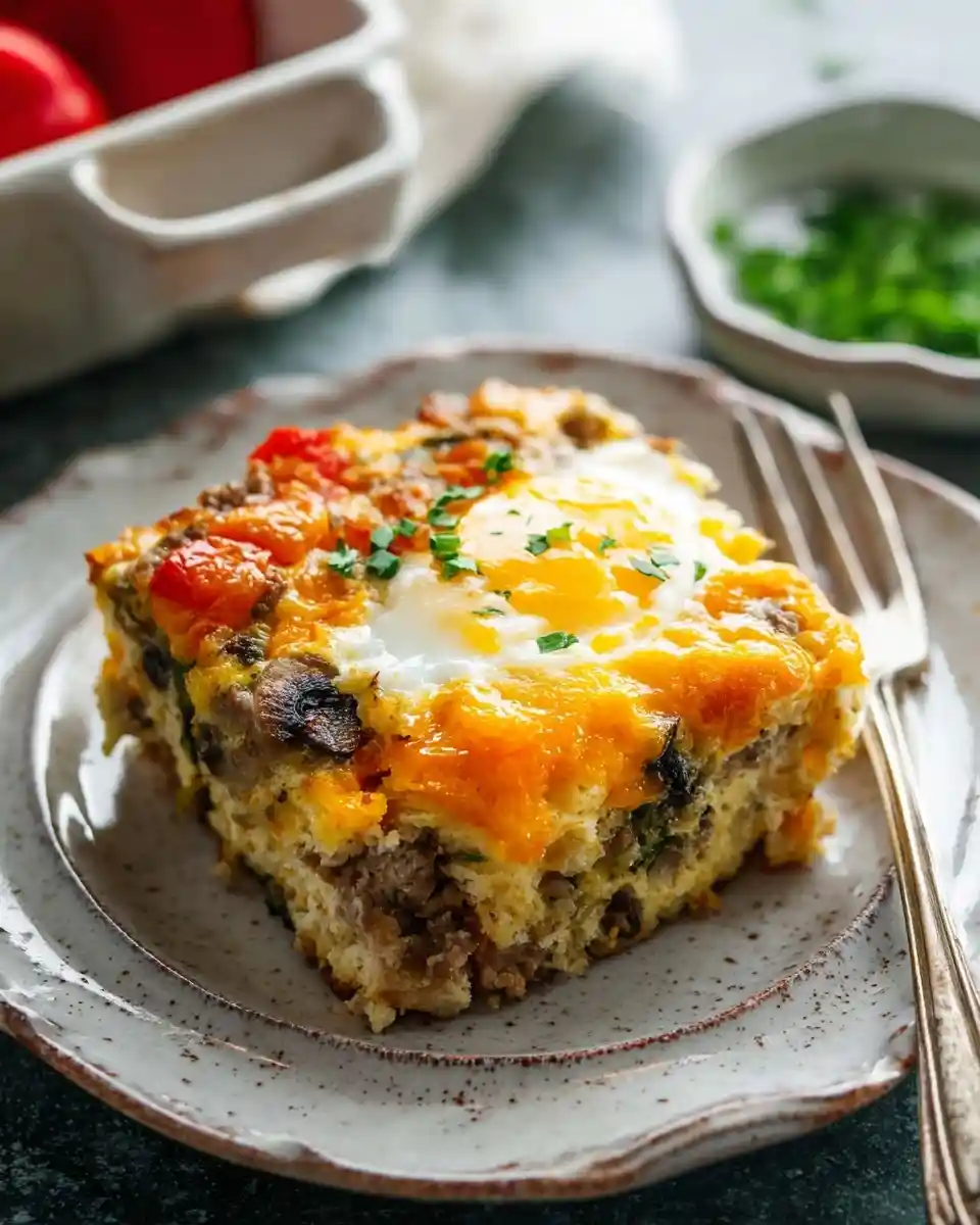 A close-up of a hearty breakfast casserole slice with a runny egg, melted cheese, sausage, and veggies on a plate.
