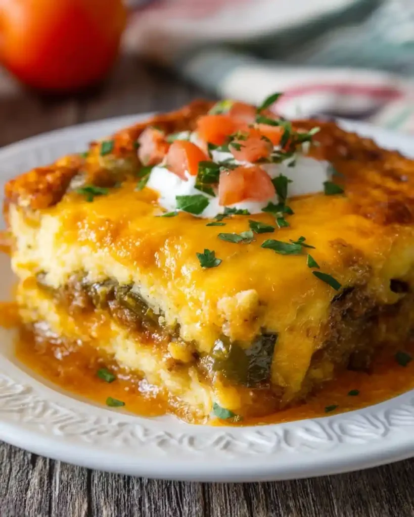 A slice of cheesy layered Mexican casserole on a white plate, topped with sour cream, tomatoes, and cilantro.