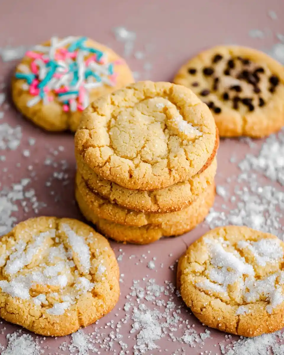 Stacked {{ $('Fetch Recipe Data').first().json["Main Keyword"] }} alongside varied sprinkle and sugar-topped cookies.