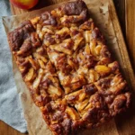Sliced loaf of homemade apple fritter bread loaded with cinnamon-spiced apples on a wooden board.