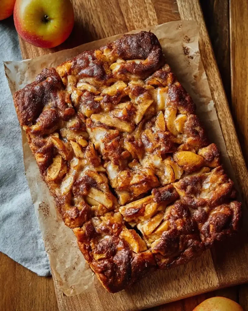 Sliced loaf of homemade apple fritter bread loaded with cinnamon-spiced apples on a wooden board.
