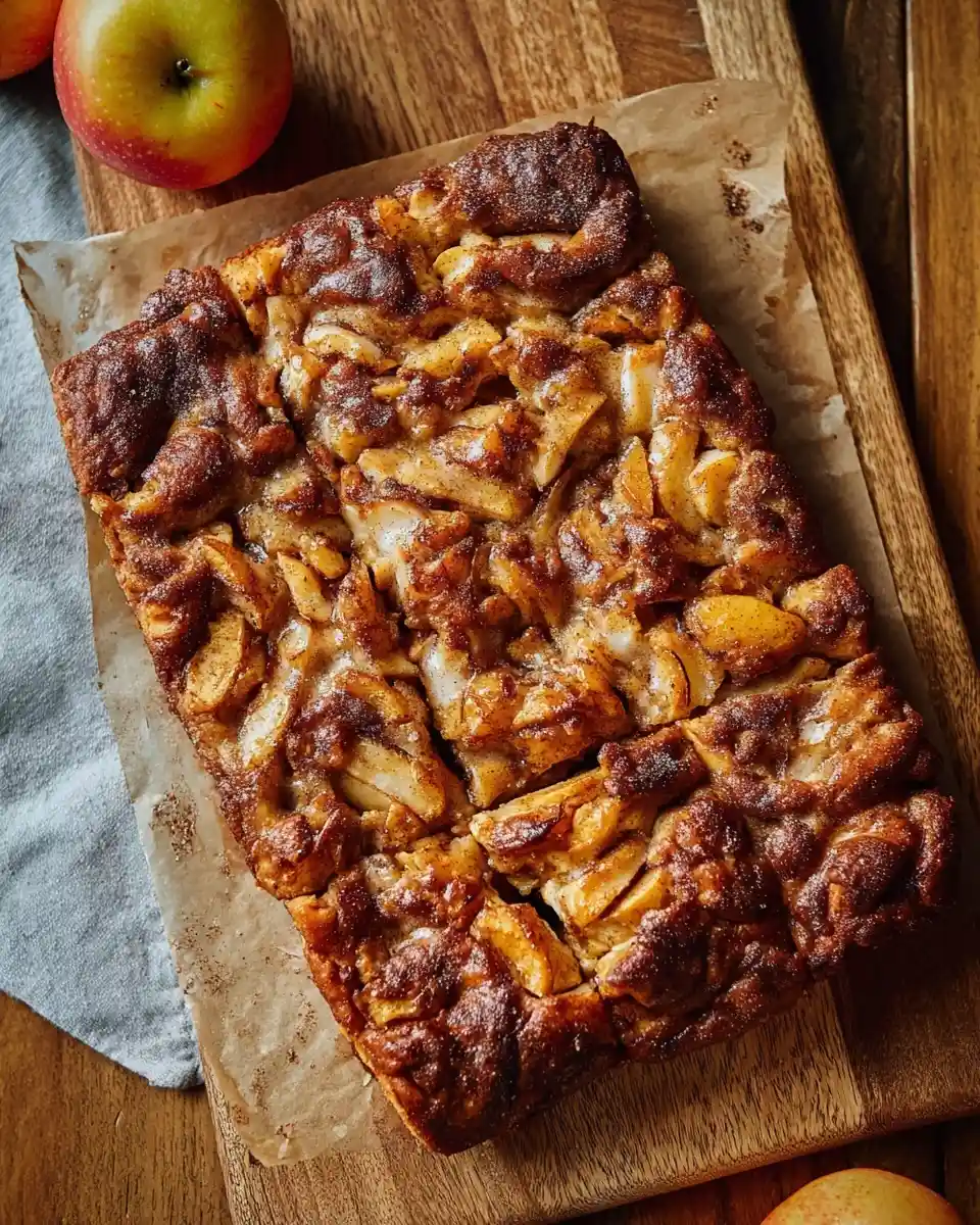 Sliced loaf of homemade apple fritter bread loaded with cinnamon-spiced apples on a wooden board.