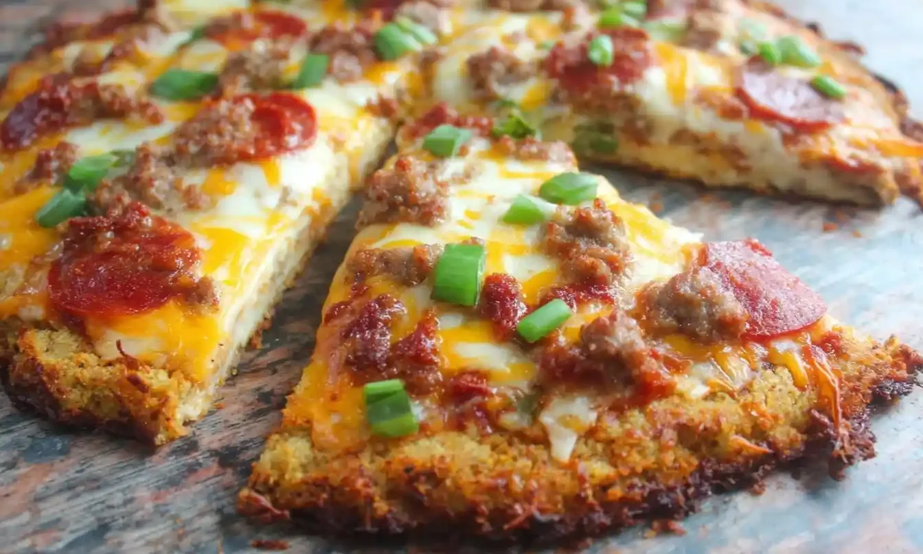Slice of golden Hash Brown Crust Pizza topped with sausage, pepperoni, cheese, and green onions.