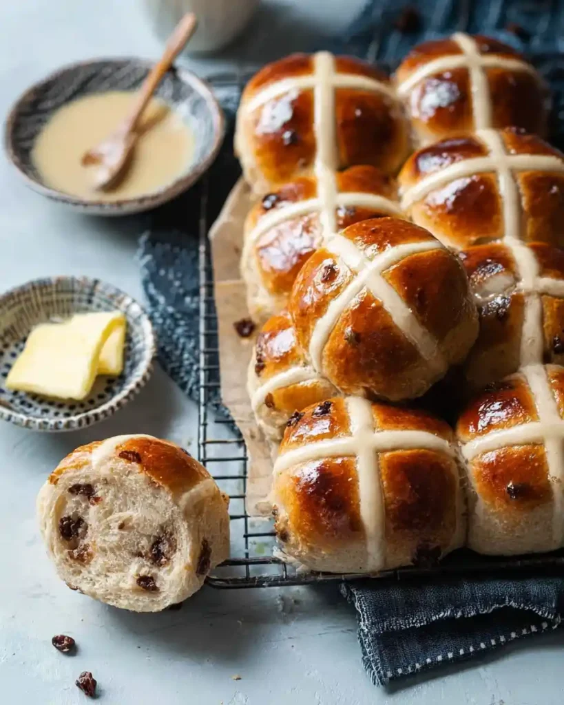 Freshly baked hot cross buns on a wire cooling rack, with one broken open revealing a soft, fruit-filled interior.