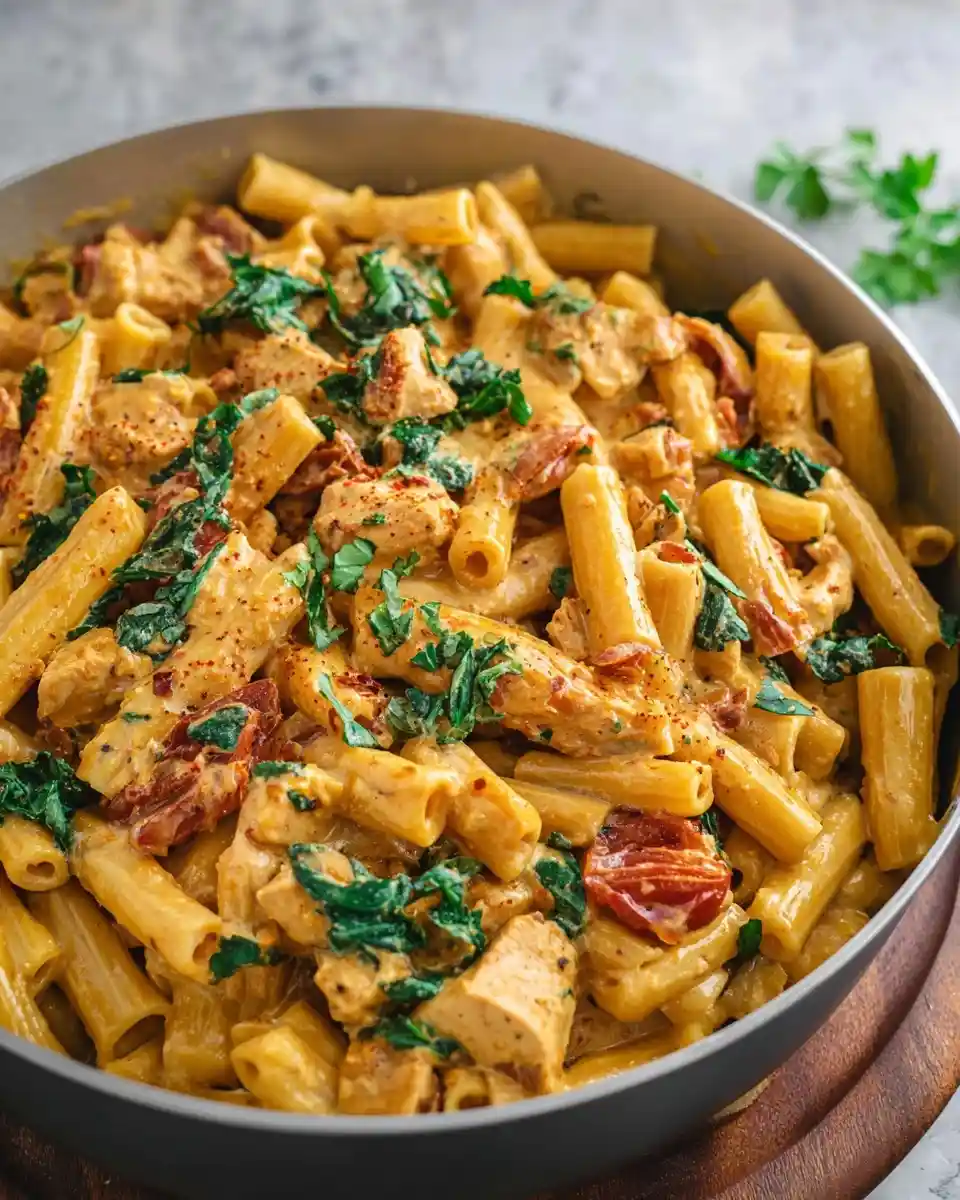 A skillet of creamy {{ $('Fetch Recipe Data').first().json["Main Keyword"] }} with sun-dried tomatoes and fresh spinach.