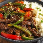 Close-up of a delicious pepper steak stir-fry with red and green bell peppers served next to white rice.