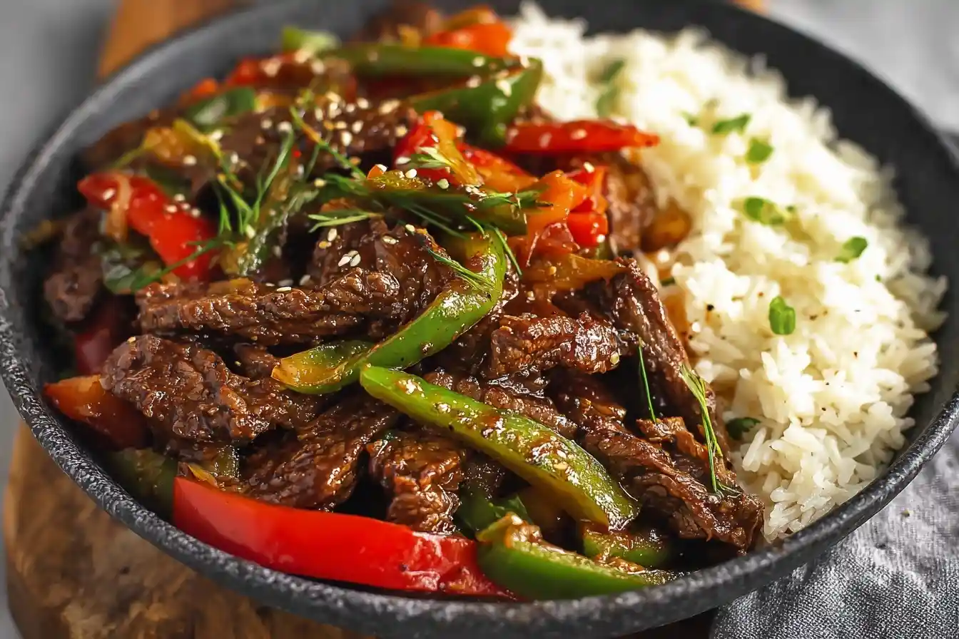 Close-up of a delicious pepper steak stir-fry with red and green bell peppers served next to white rice.