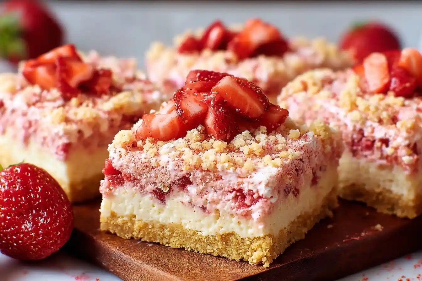 Close-up of creamy Strawberry Crunch Cheesecake Bars topped with fresh strawberries on a wooden board.