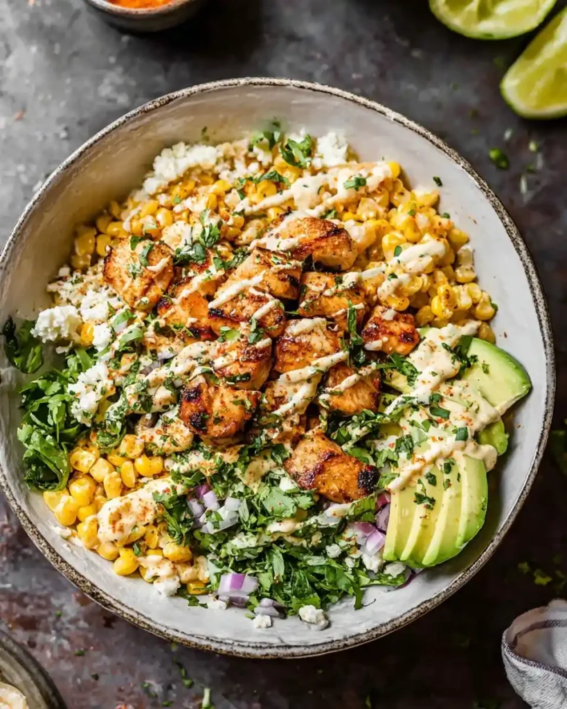 A hearty Chicken Street Corn Bowl topped with grilled chicken, corn, avocado, feta, cilantro, and a creamy drizzle.