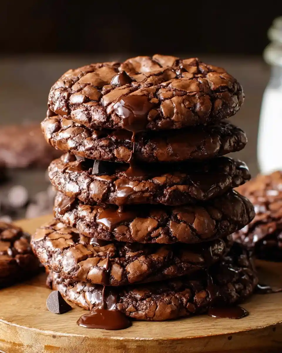 A stack of fudgy chocolate brownie cookies dripping with melted chocolate on a wooden board.