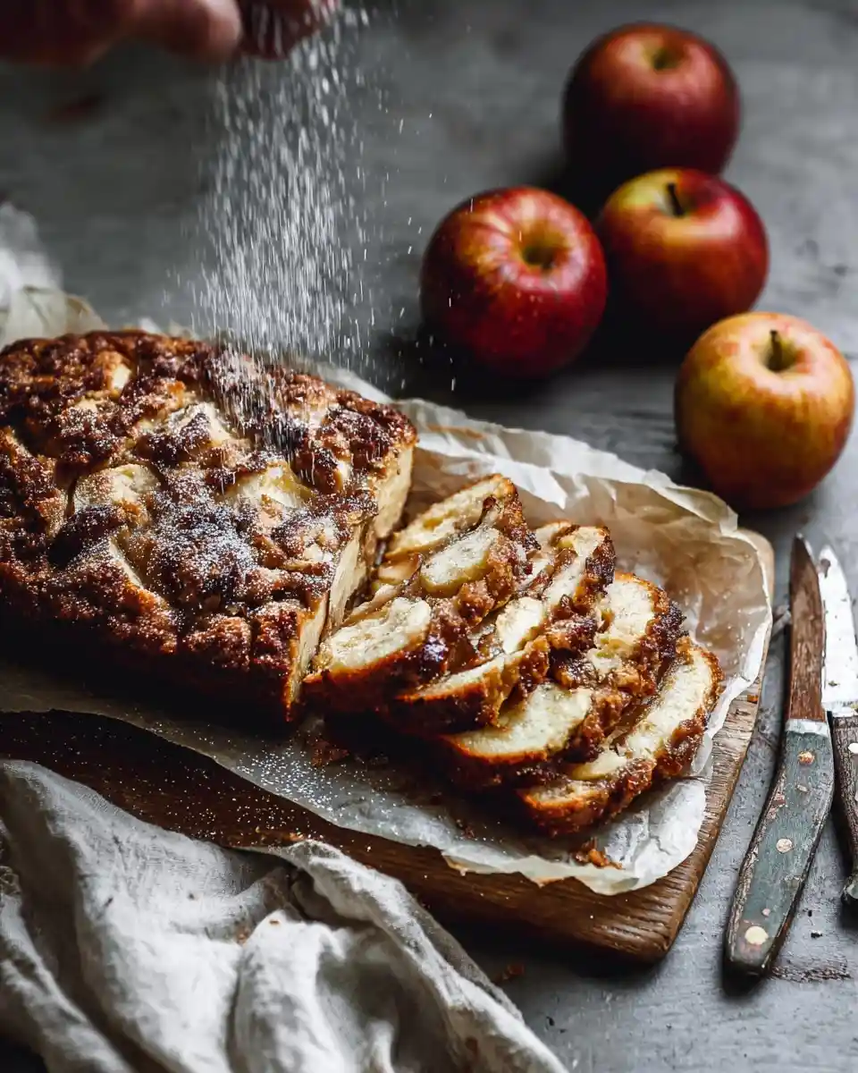 Powdered sugar being dusted over a freshly baked sliced apple bread on a wooden board with fresh apples.