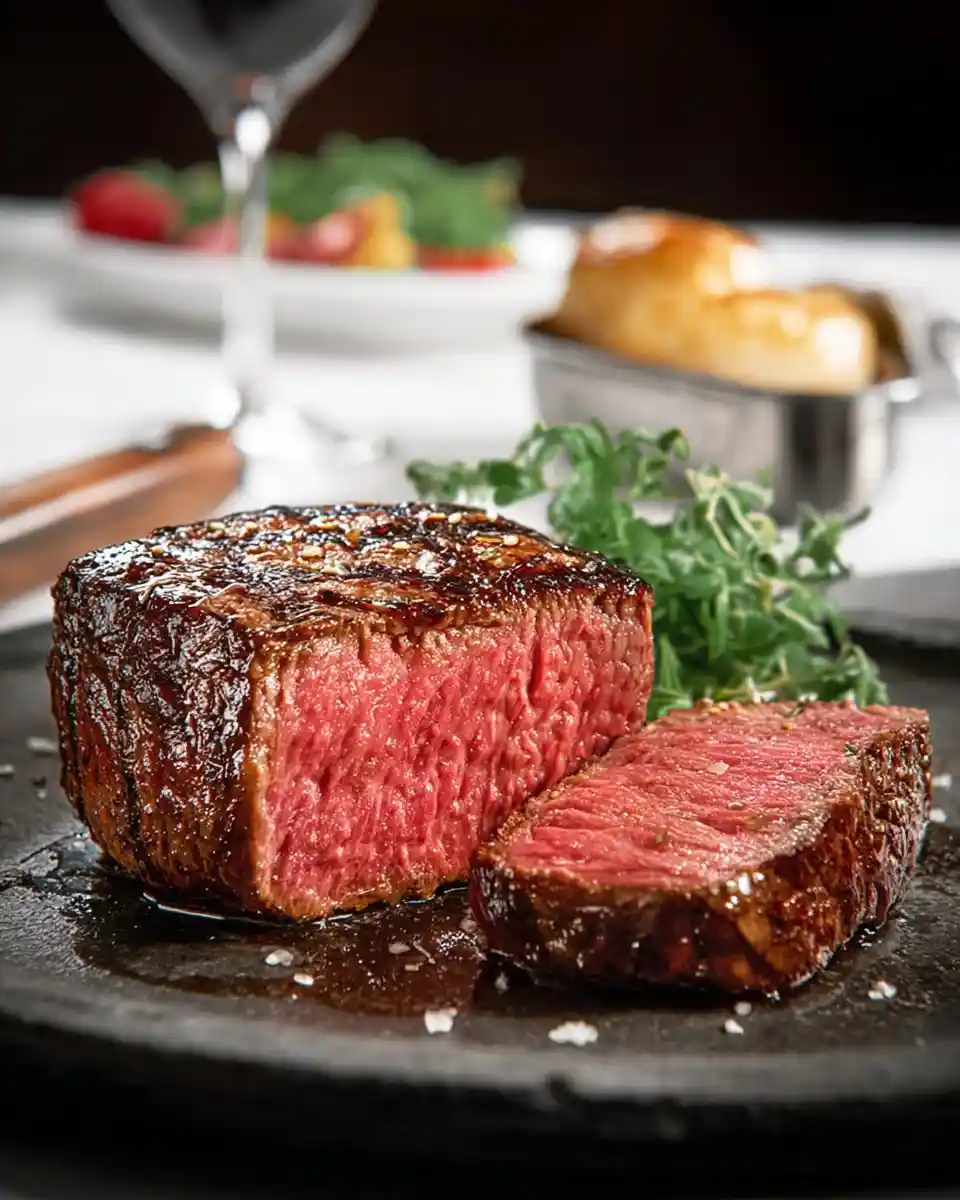 Close-up of a juicy, medium-rare {{ $('Fetch Recipe Data').first().json["Main Keyword"] }} on a dark slate with sea salt.