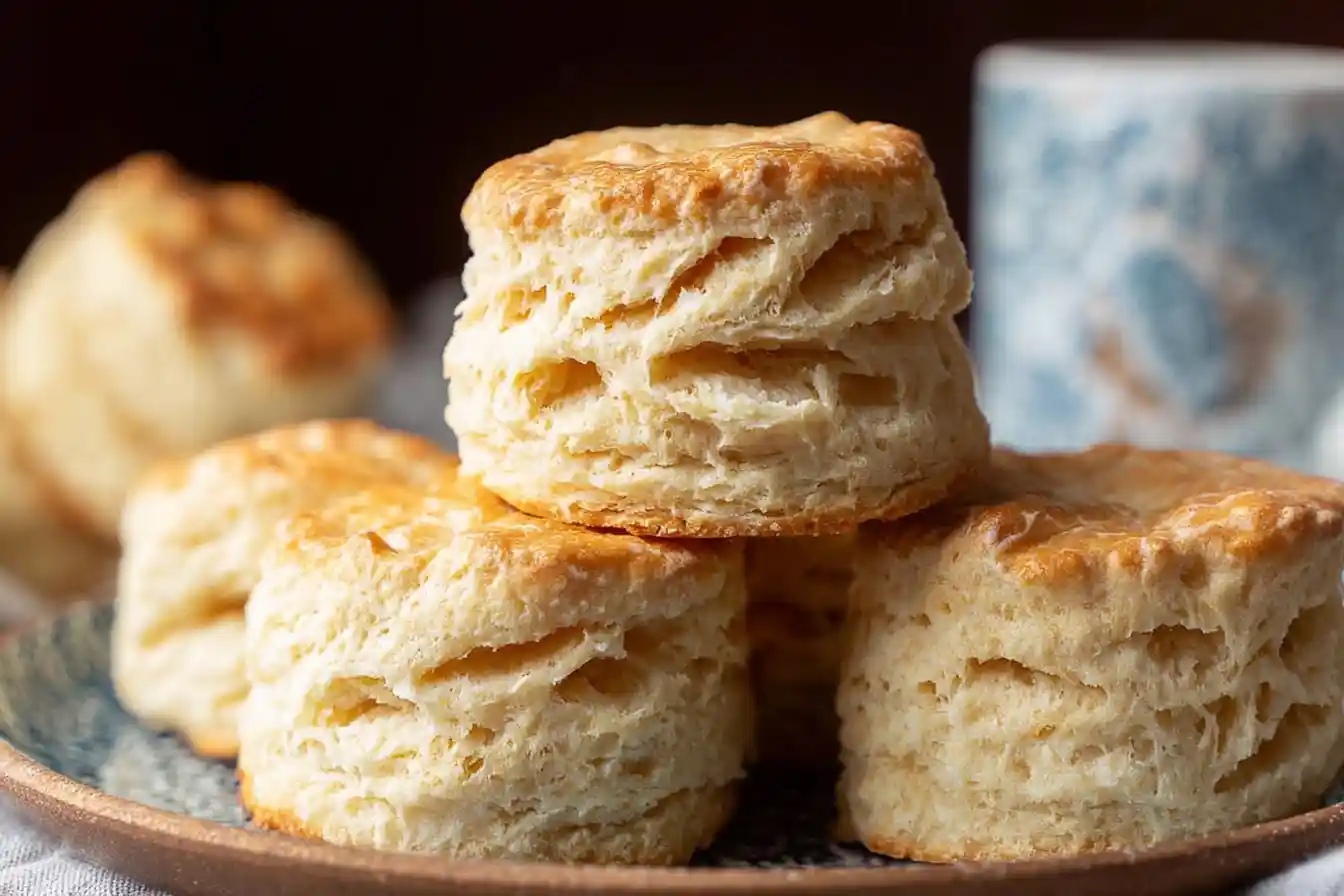 Close-up of a stack of tall, golden-brown flaky homemade biscuits on a ceramic plate.